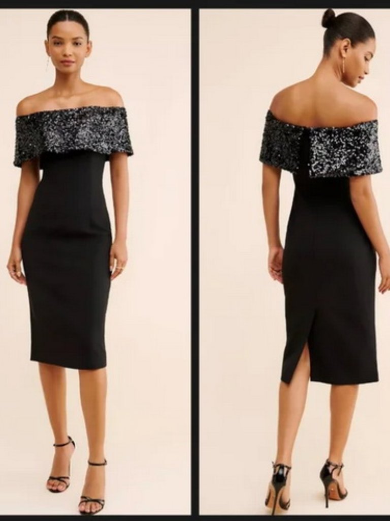 Sachin + Babi Black Crepe Off The Shoulder Sequin Midi Naira Dres